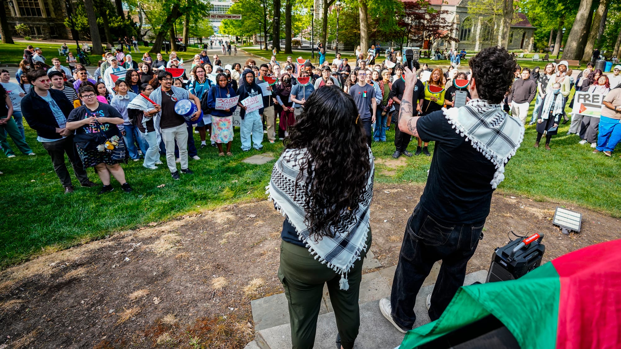 Ciaran Buitrago, a Lehigh junior, leads the rally Friday. Student Political Action Coalition and Lehigh 4 Palestine hold a ra