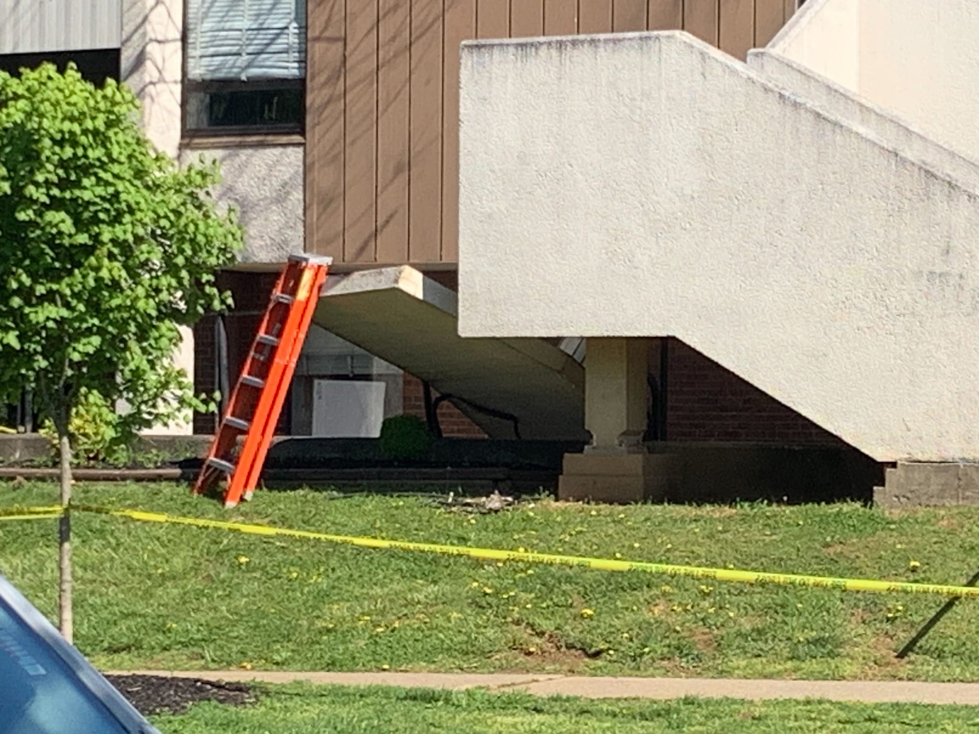 A ladder propped up against the exterior wall that had collapsed on a stairwell at William Penn Elementary School in Bethlehe