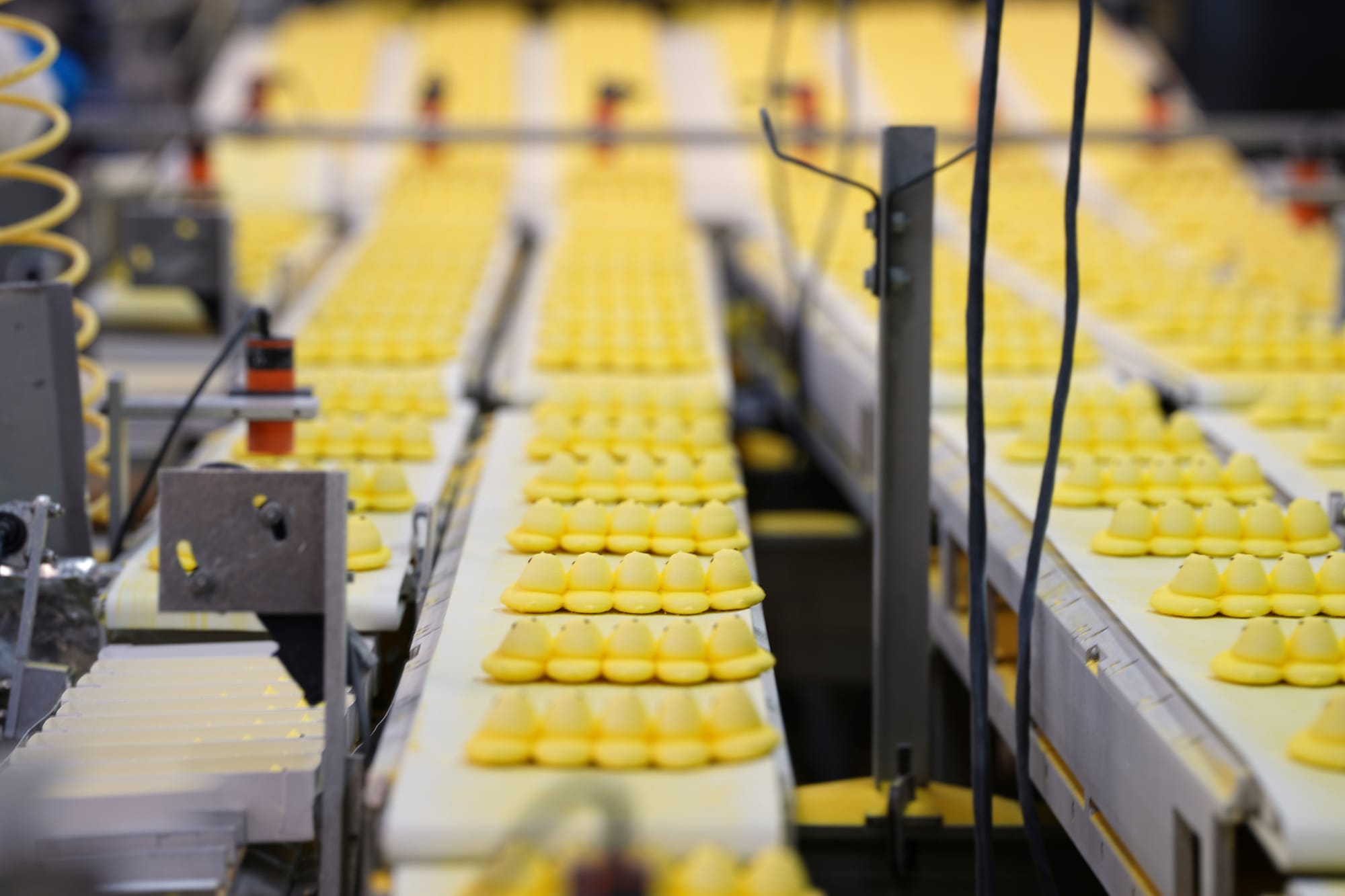Peeps marshmallow treats move through the manufacturing process at the Just Born factory in Bethlehem, Pa., Thursday, April 1