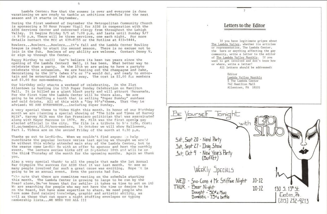 An excerpt of the September 1986 edition of Lambda Valley Monthly.