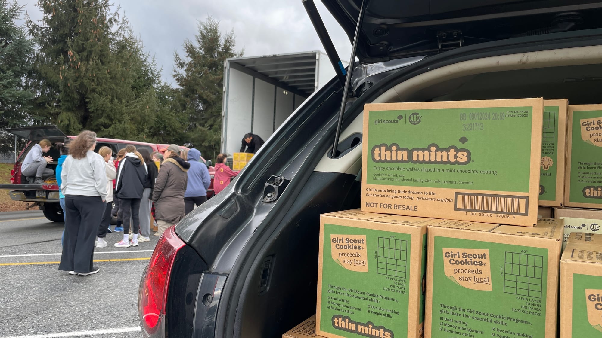 An SUV is loaded to the brim with America's favorite of the Girl Scout cookies, Thin Mints.