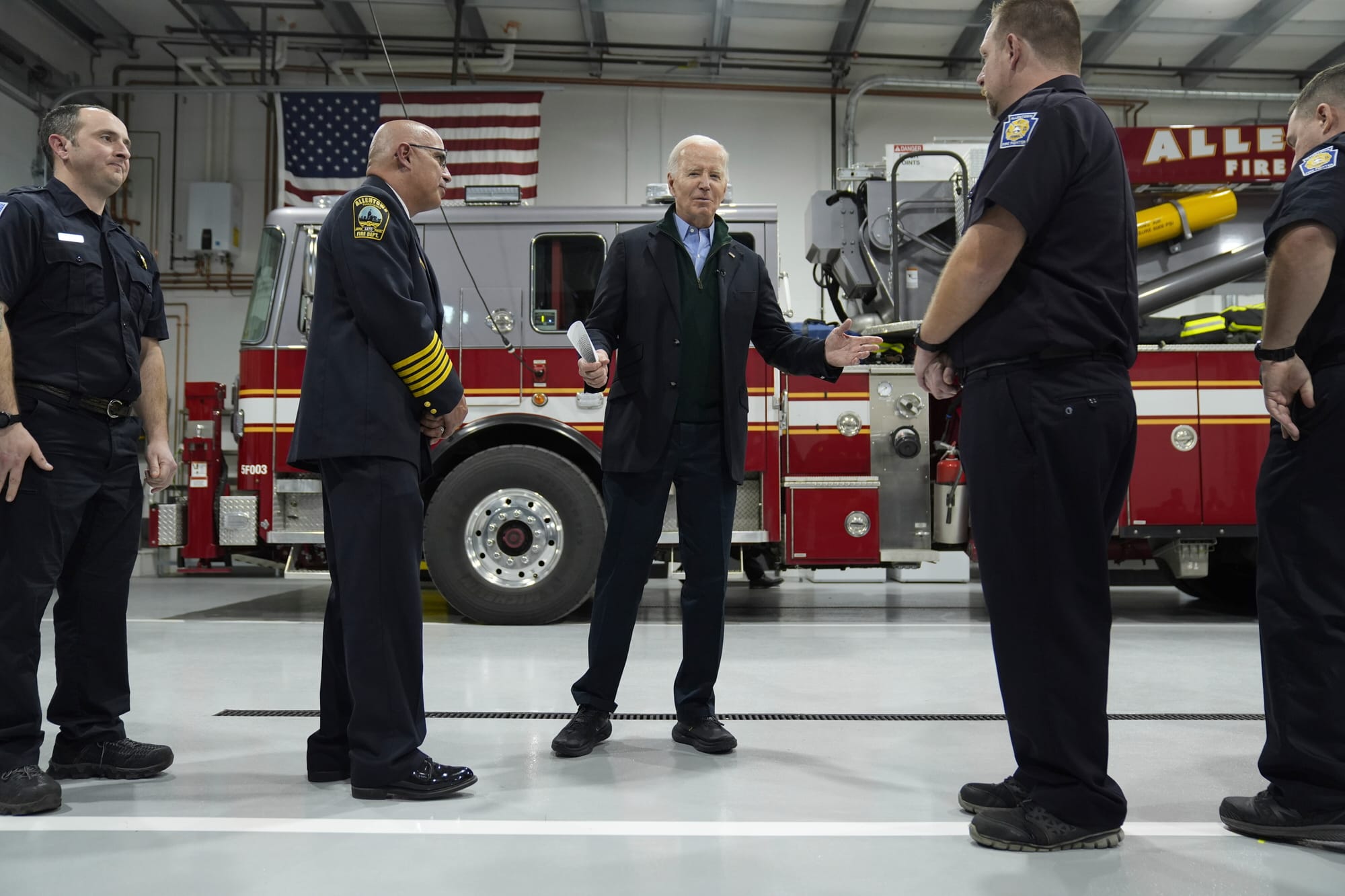 President Joe Biden speaks with firefighters at the Allentown Fire Training Academy, Friday, Jan. 12, 2024, in Allentown, Pa.