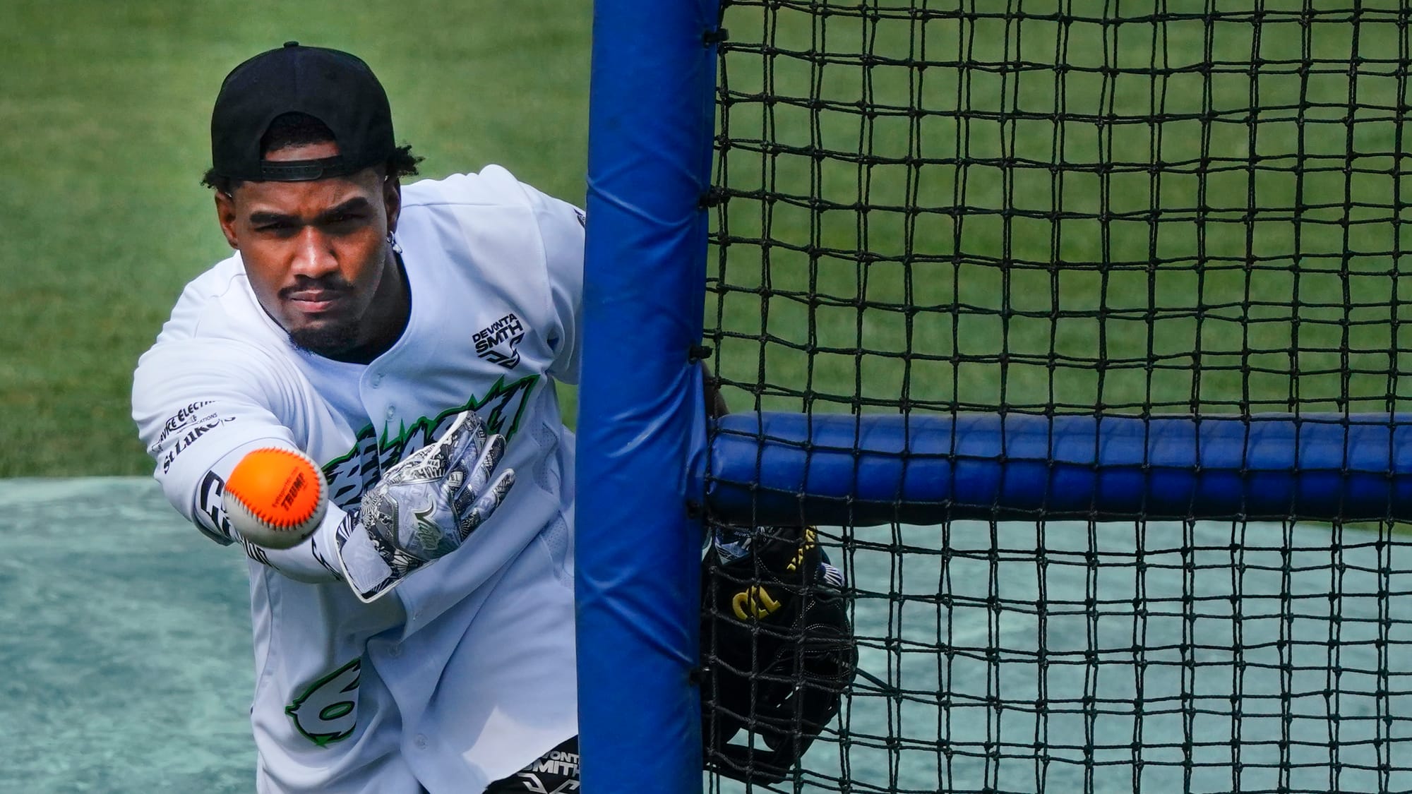 Jaylen Waddle pitches. The 2nd annual DeVonta Smith Celebrity Softball Game was held at Coca-Cola Park in Allentown on Saturd