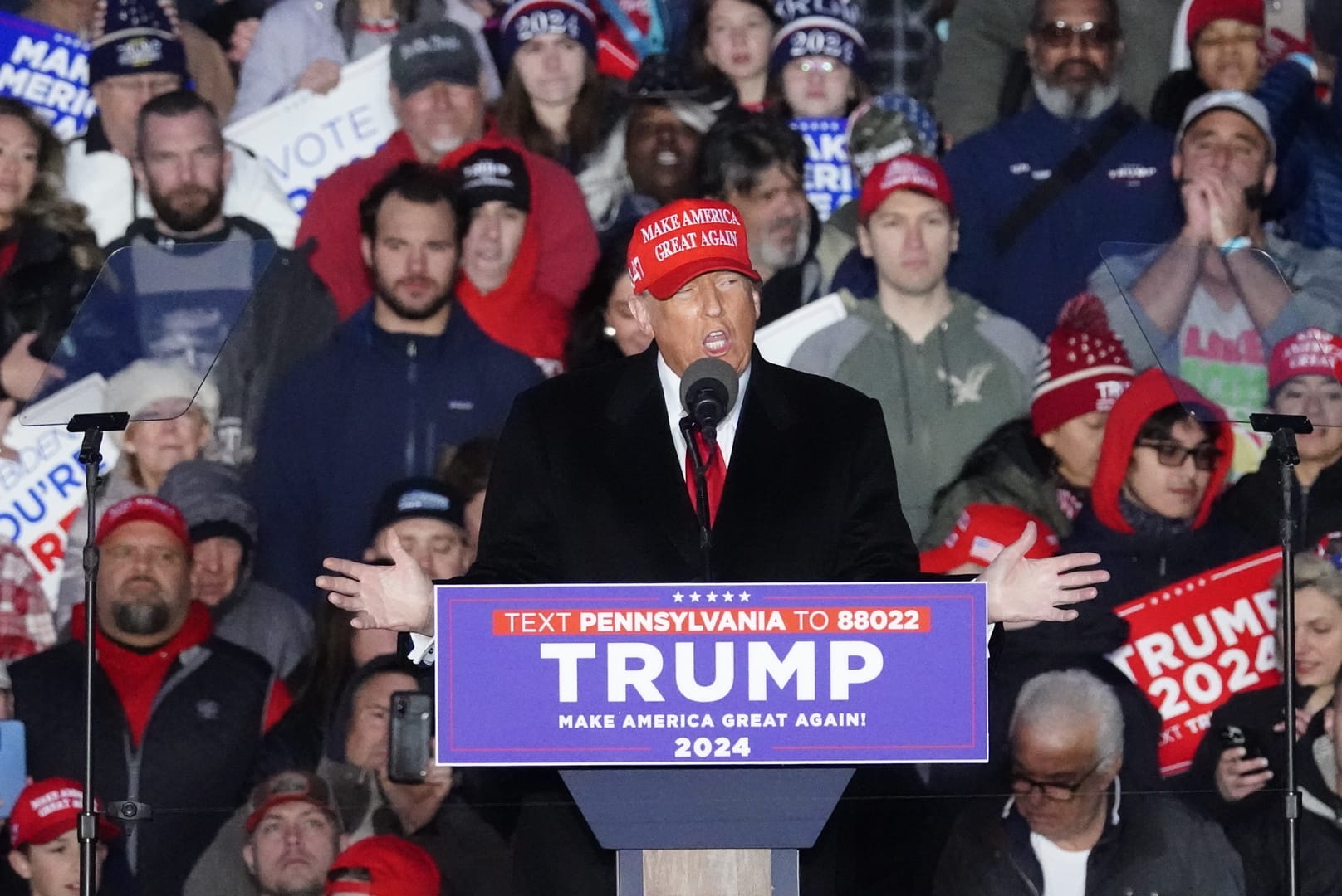 Donald Trump speak at a rally in Schnecksville on Saturday, April 13, 2024.