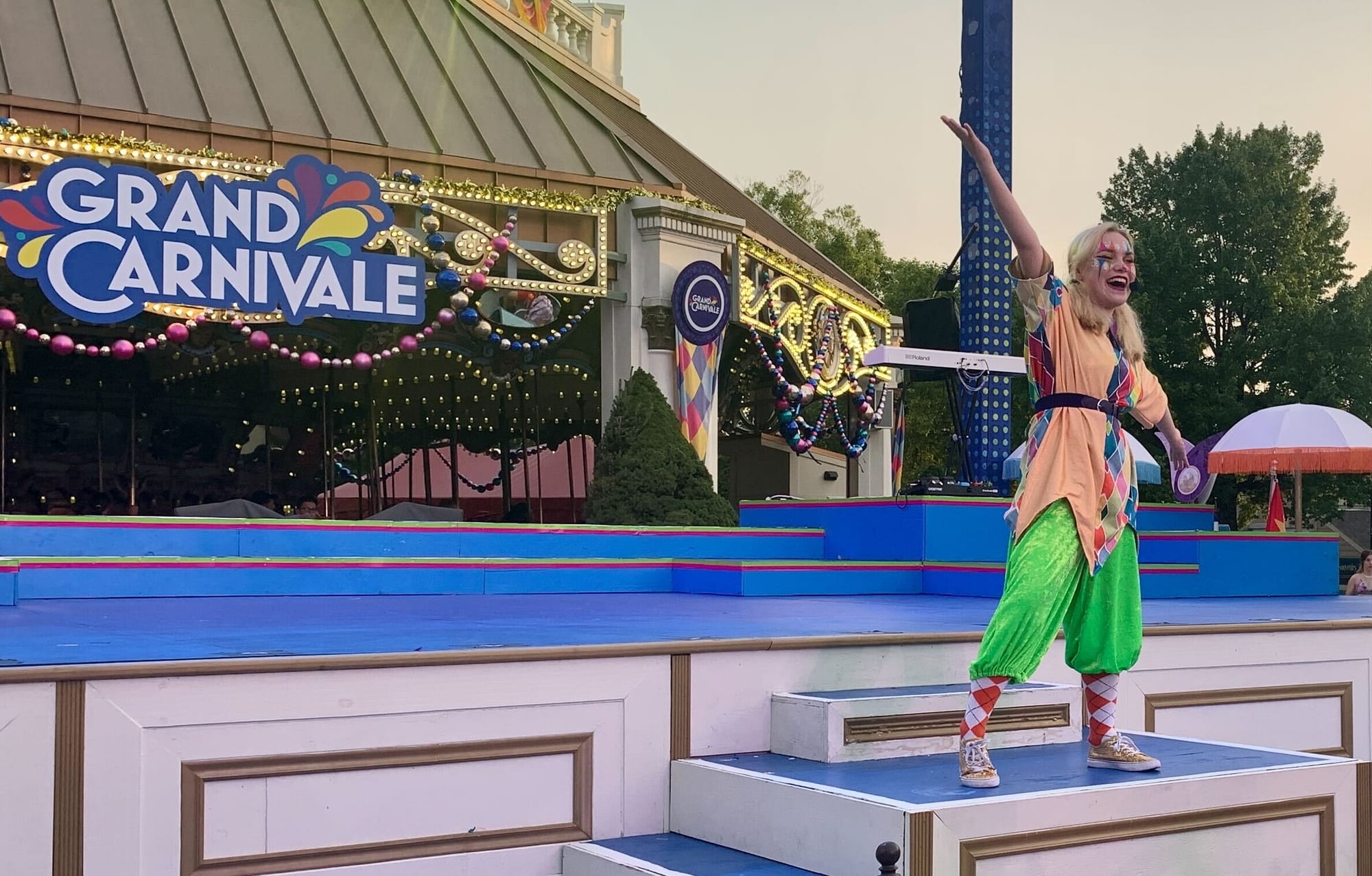 The MC of the performances at Dorney Park's Grand Carnivale 2023