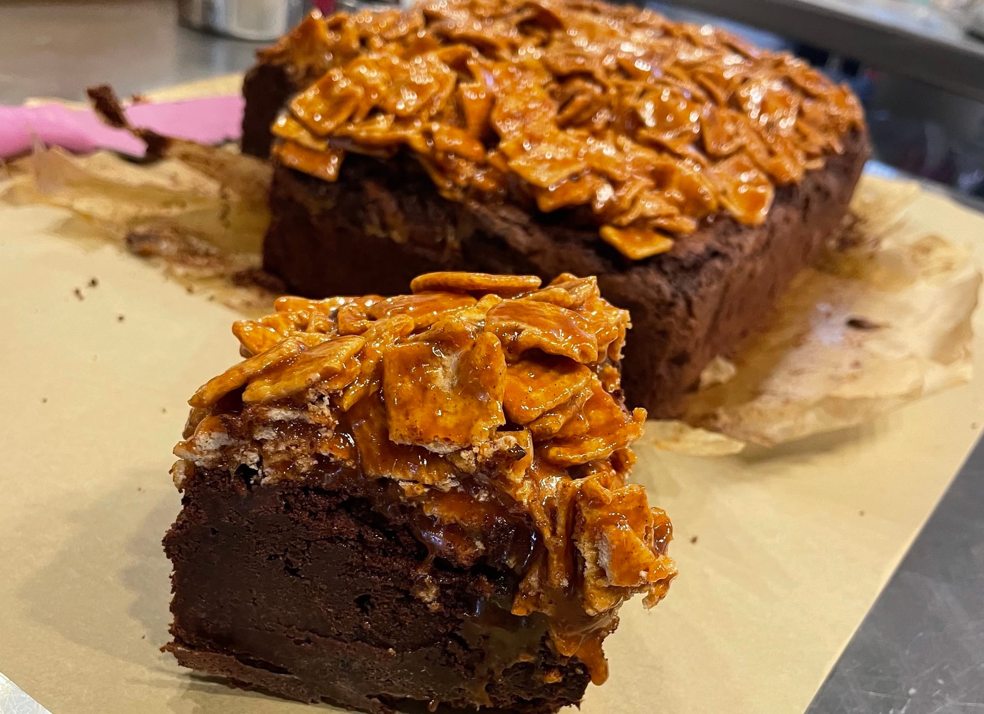 A closer look at the chocolate Cinnamon Toast Crunch brownies, fresh out of the oven.