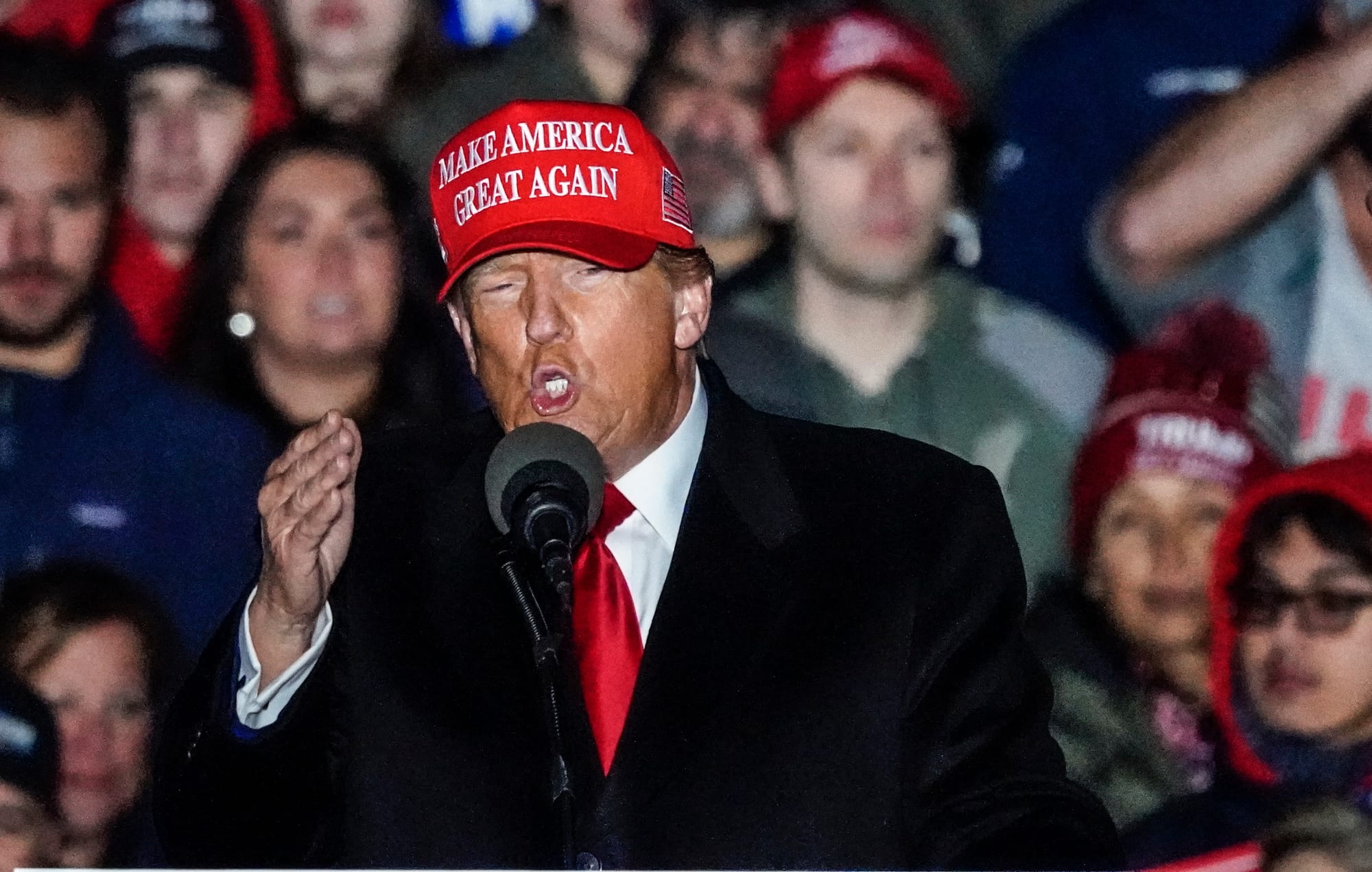 Donald Trump speaks at a rally in Schnecksville on Saturday, April 13, 2024.