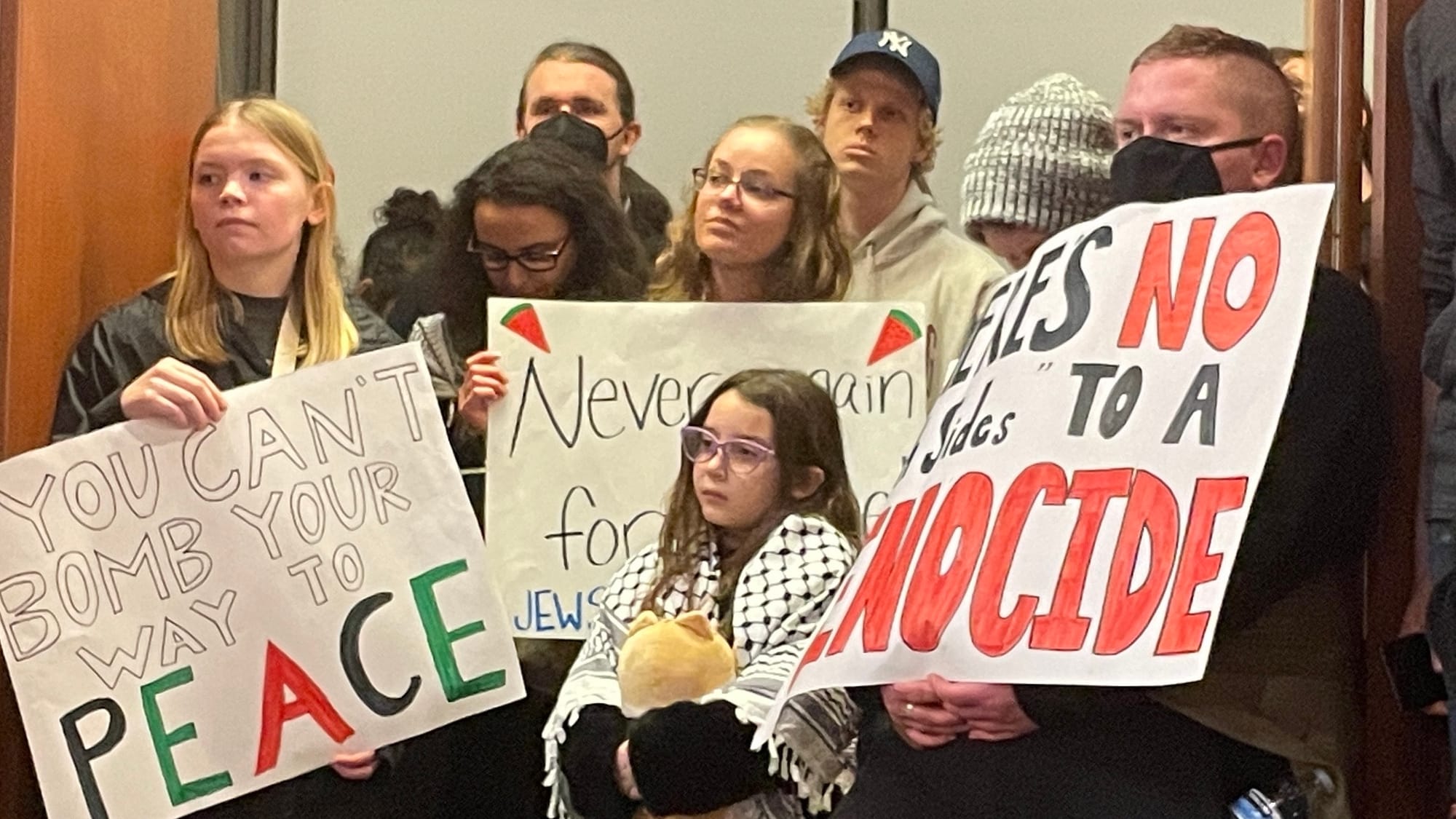 A group of over 100 marched from Lehigh University to Bethlehem City Hall Tuesday, calling for a cease-fire resolution from C