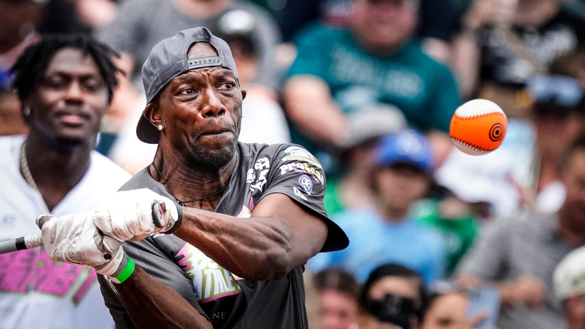 Terrell Owens at bat. The annual DeVonta Smith Celebrity Softball Game featuring Philadelphia Eagles and other athletes was h