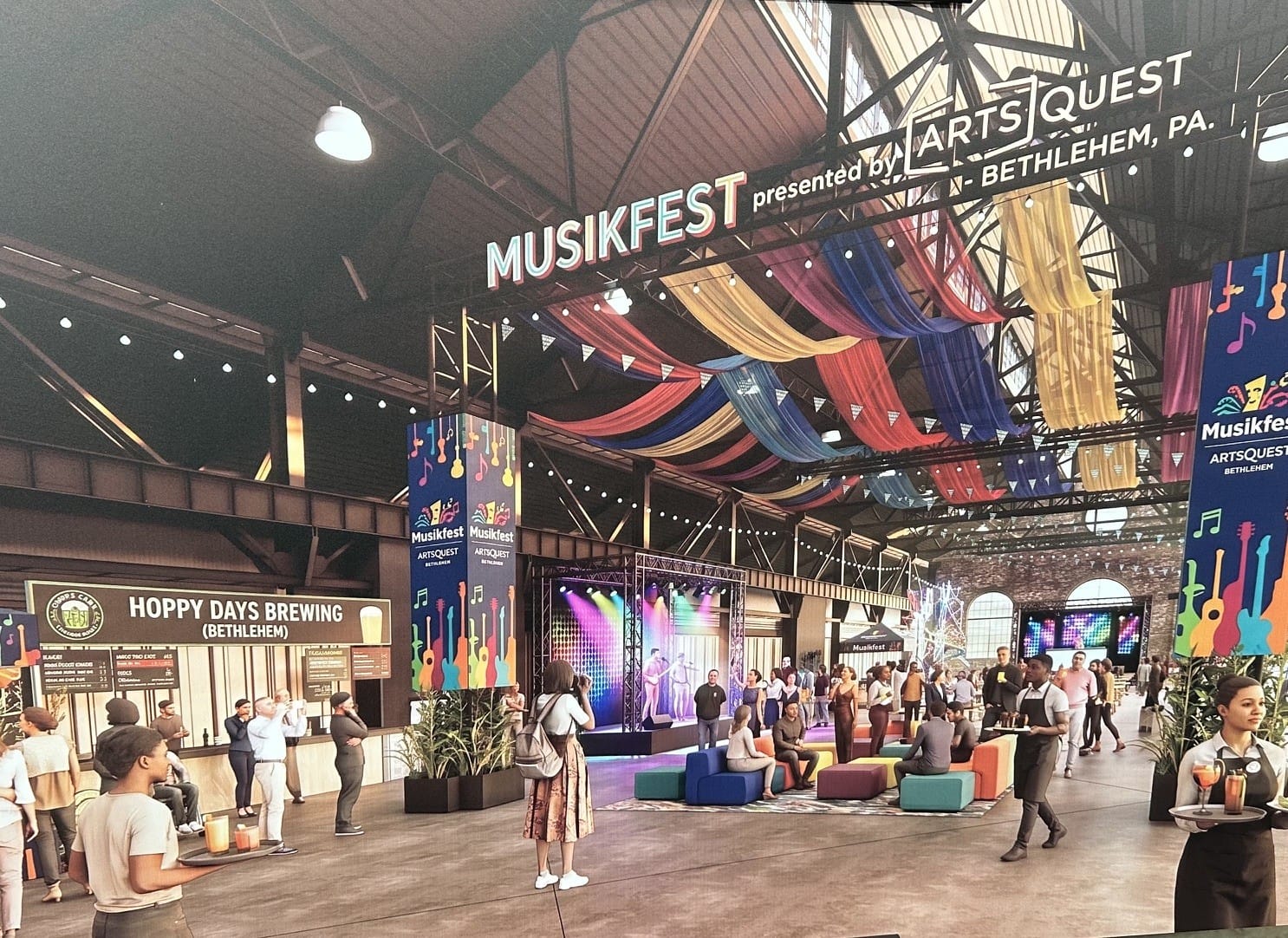 Artist renditions of how the former Bethlehem Steel Turn and Grind shop at SteelStacks will look after its renovated into an 