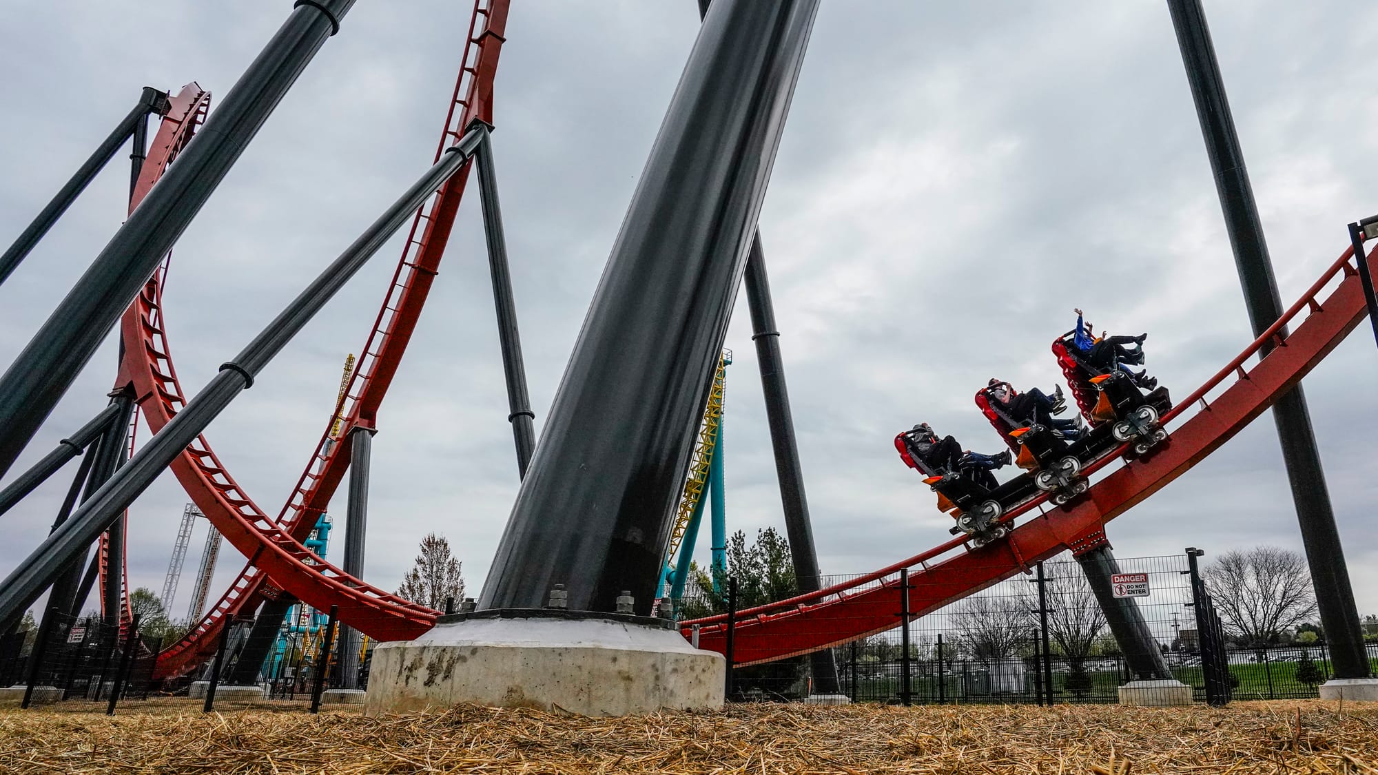 Hitting the big loop down low at Iron Menace, Dorney Park's new coaster.