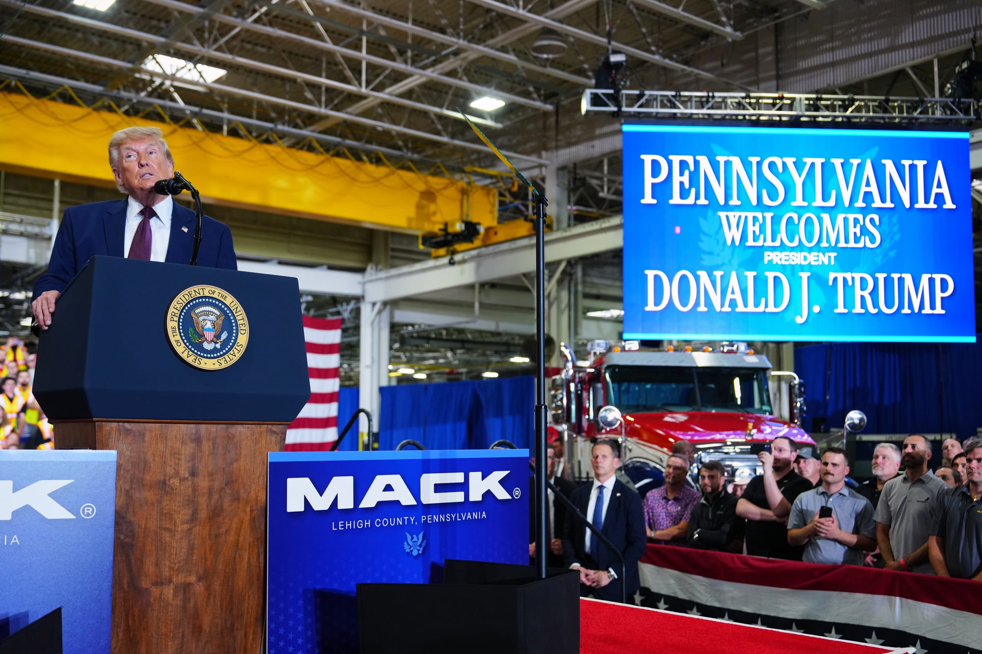 President Donald Trump speaks at a Mack Trucks facility, Tuesday, June 23, 2026, in Macungie, Pa.