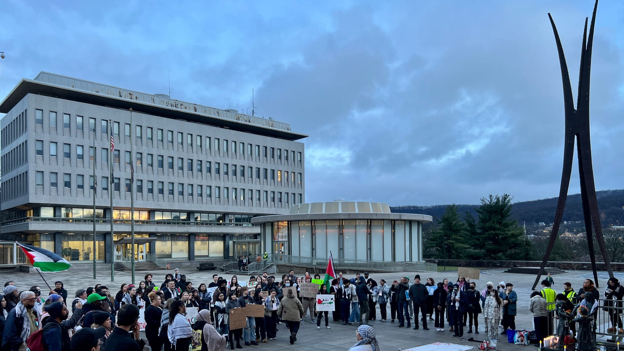 Over 100 pro-Palestine activists marched from Lehigh University to Bethlehem City Hall prior to City Council's meeting on Tue