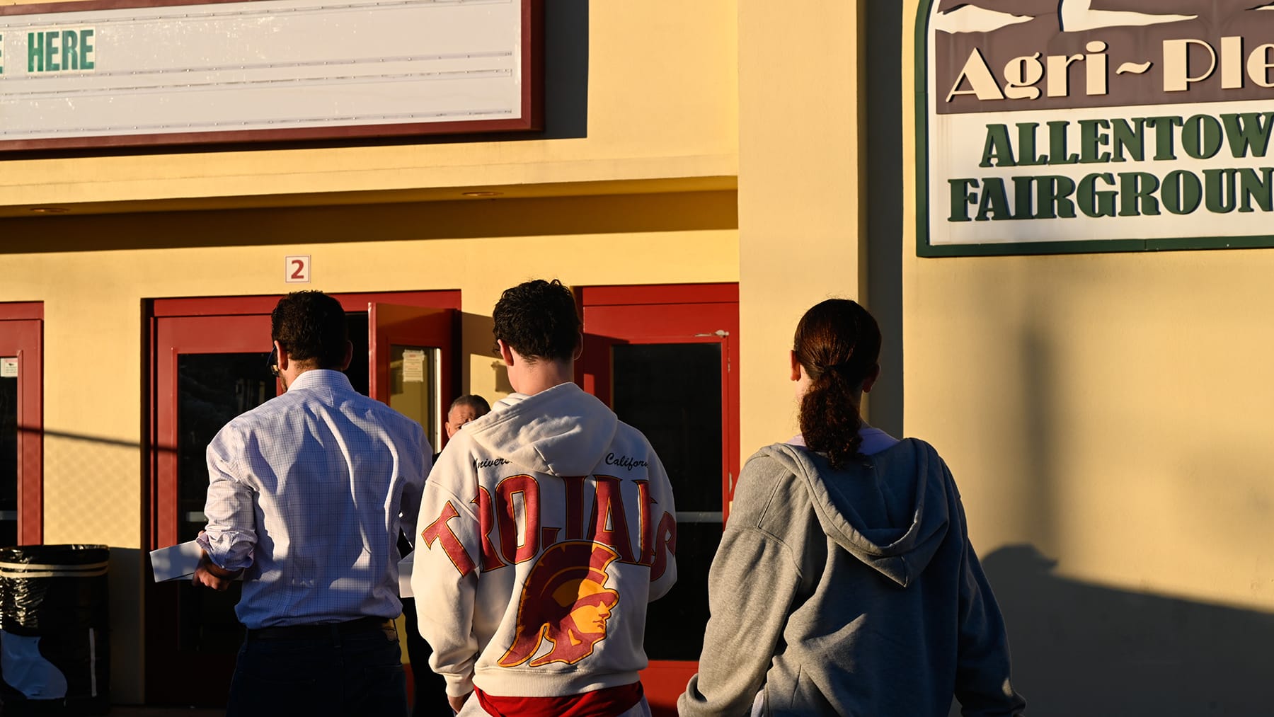 State Rep. Mike Schlossberg enters Agriculture Hall polling place to give donuts to poll workers on Tuesday, Nov. 4, 2025 in 