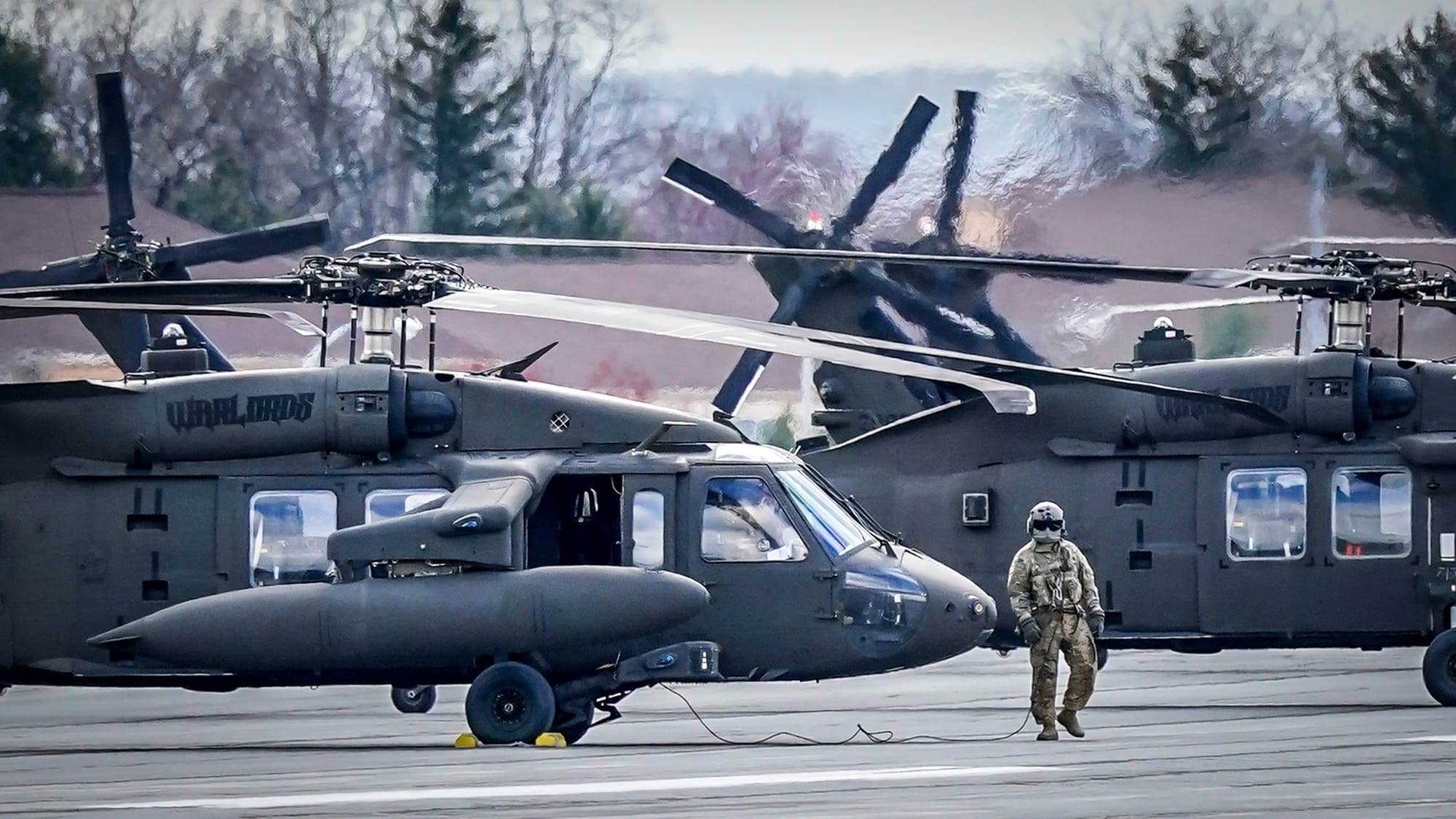UH-60 Blackhawk helicopters from from Fort Drum in Jefferson County, New York, land at Lehigh Valley International Airport on