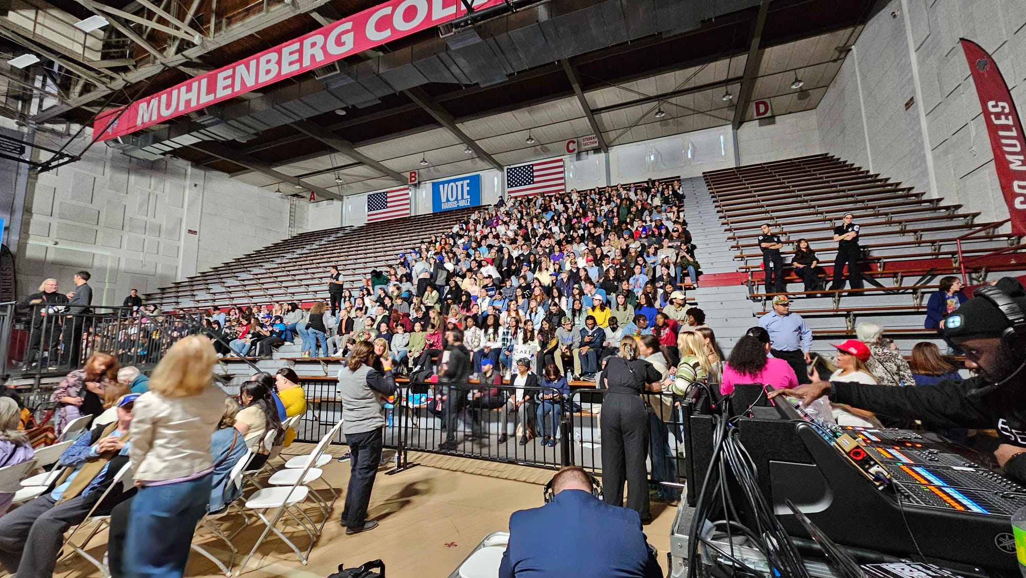 Supporters of Kamala Harris file into Memorial Hall on the Muhlenberg College campus for a rally on Monday, Nov. 4, 2024.