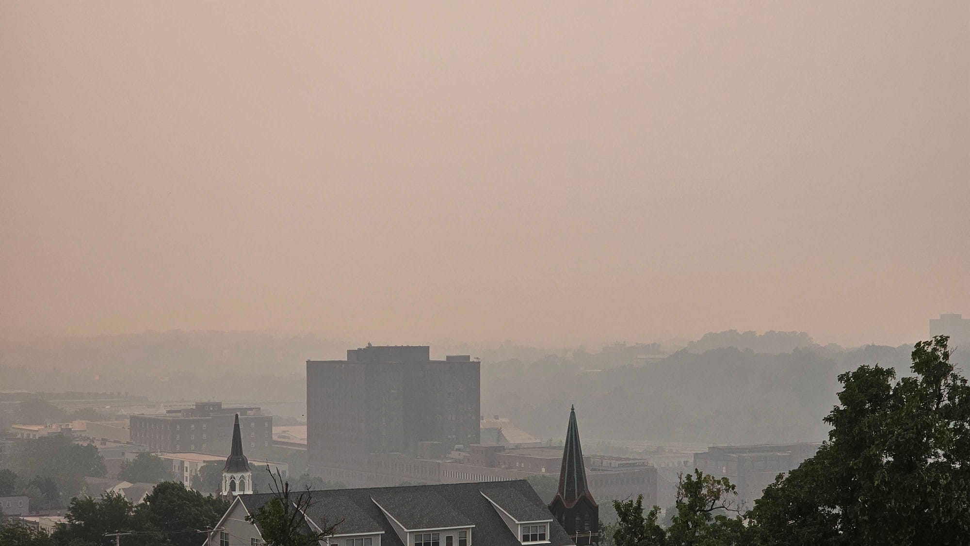 Facing west, the horizon just fades into smoke.