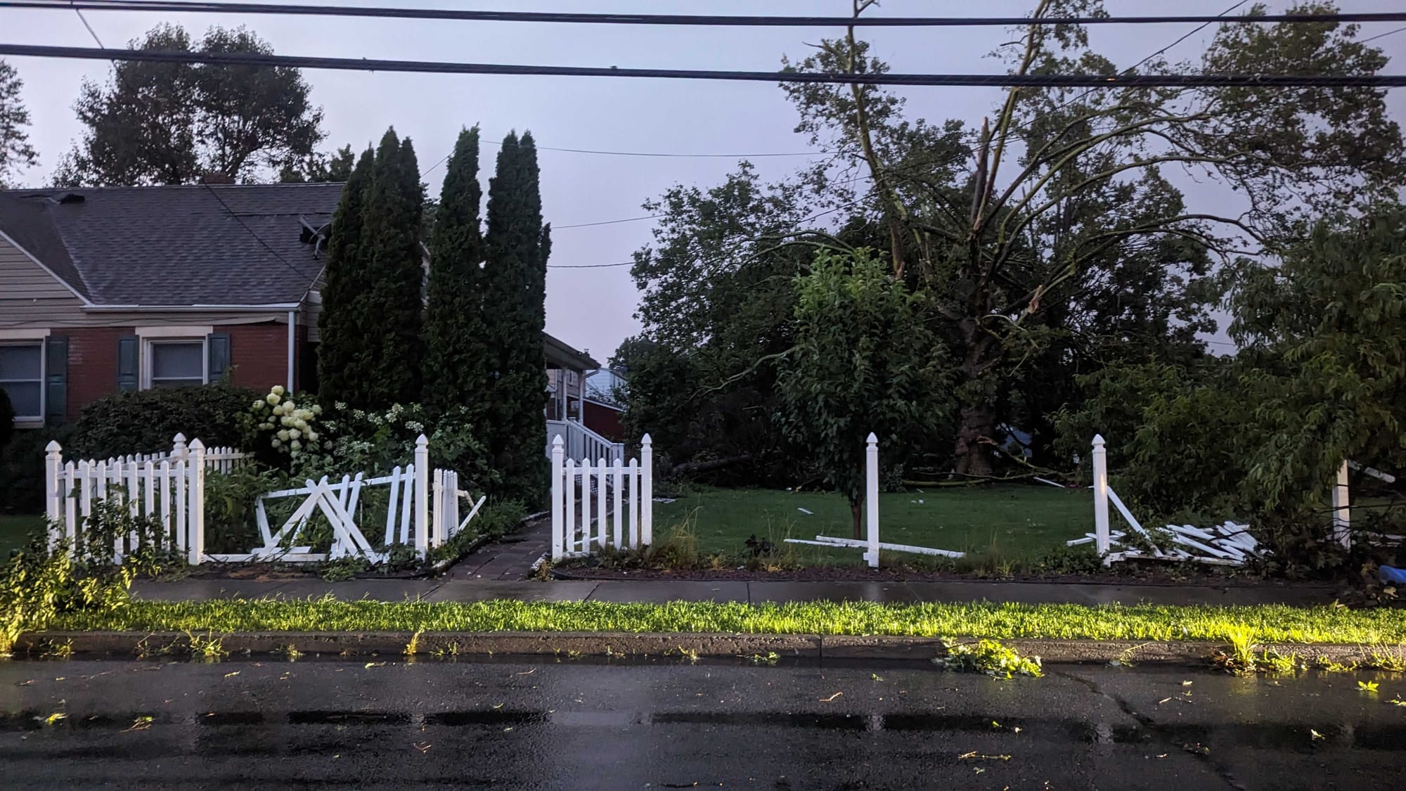 A destroyed fence and twisted trees in East Allentown.
