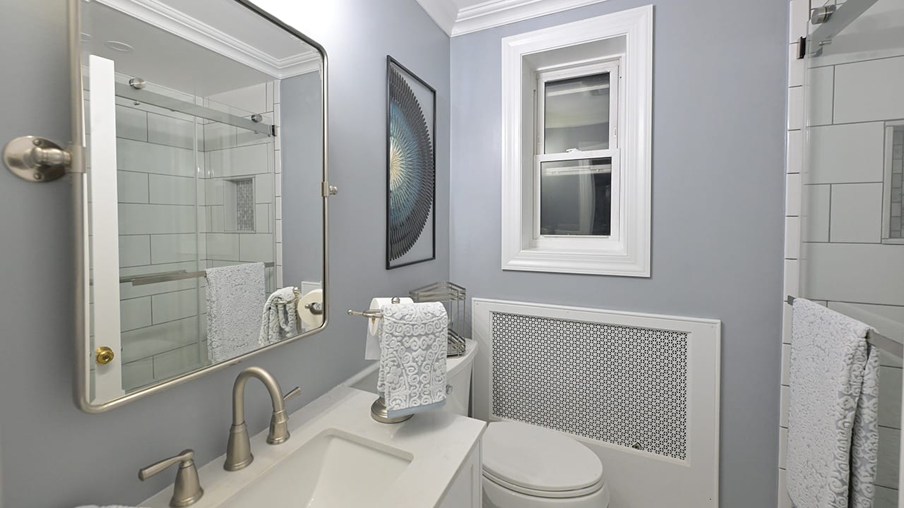 The downstairs bathroom of a West Bethlehem home designed by Wandra Cain.