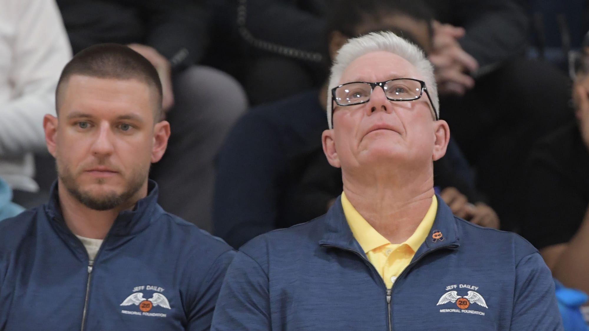Bobby Dailey looks upwards to the ceiling during a court dedication for Jeff Dailey on Friday, December 1, 2023, at Notre Dam