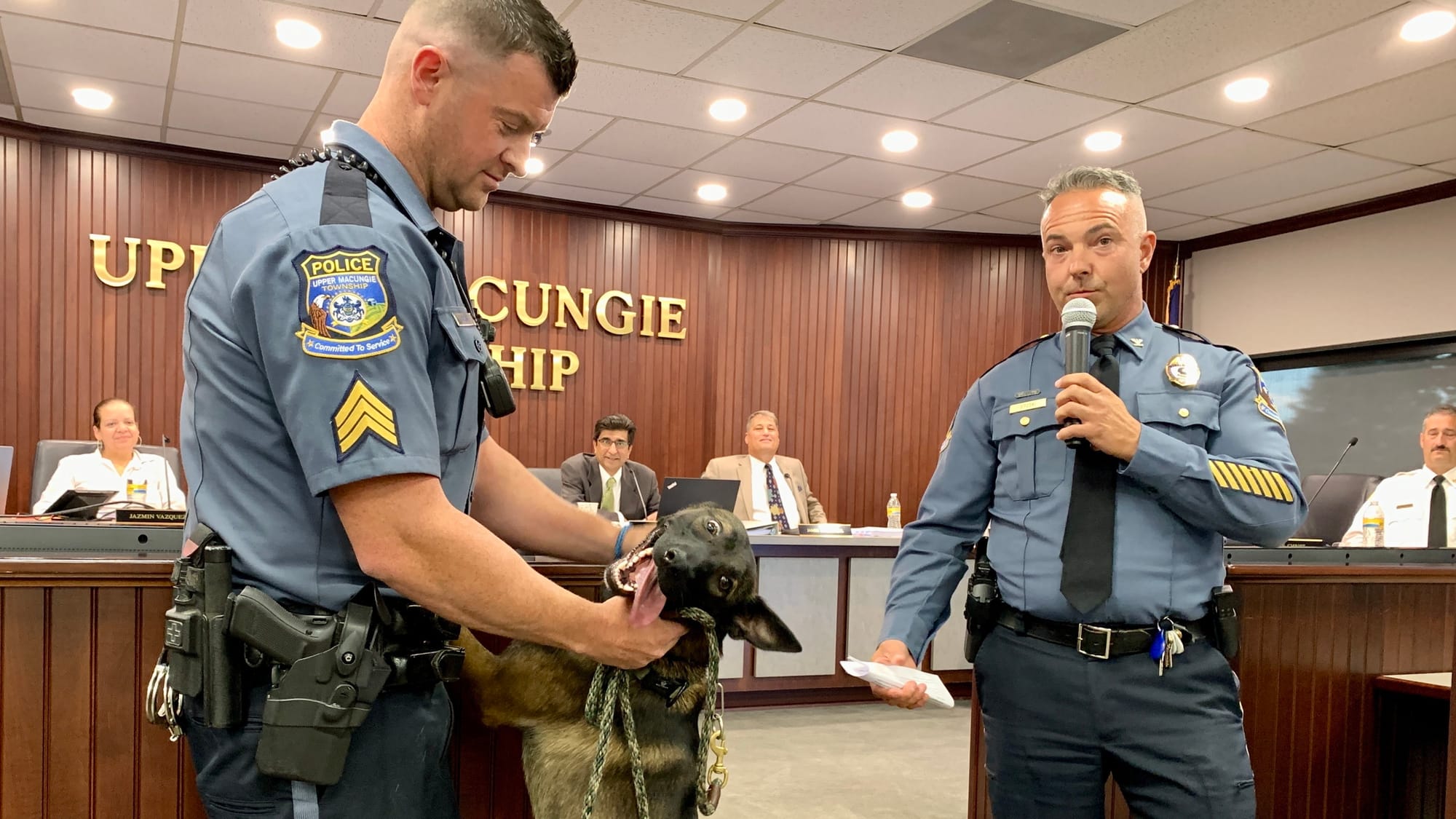 Upper Macungie Police Chief Mike Sitoski introduces Sergeant Matthew Gardner's new K-9 Nyala.