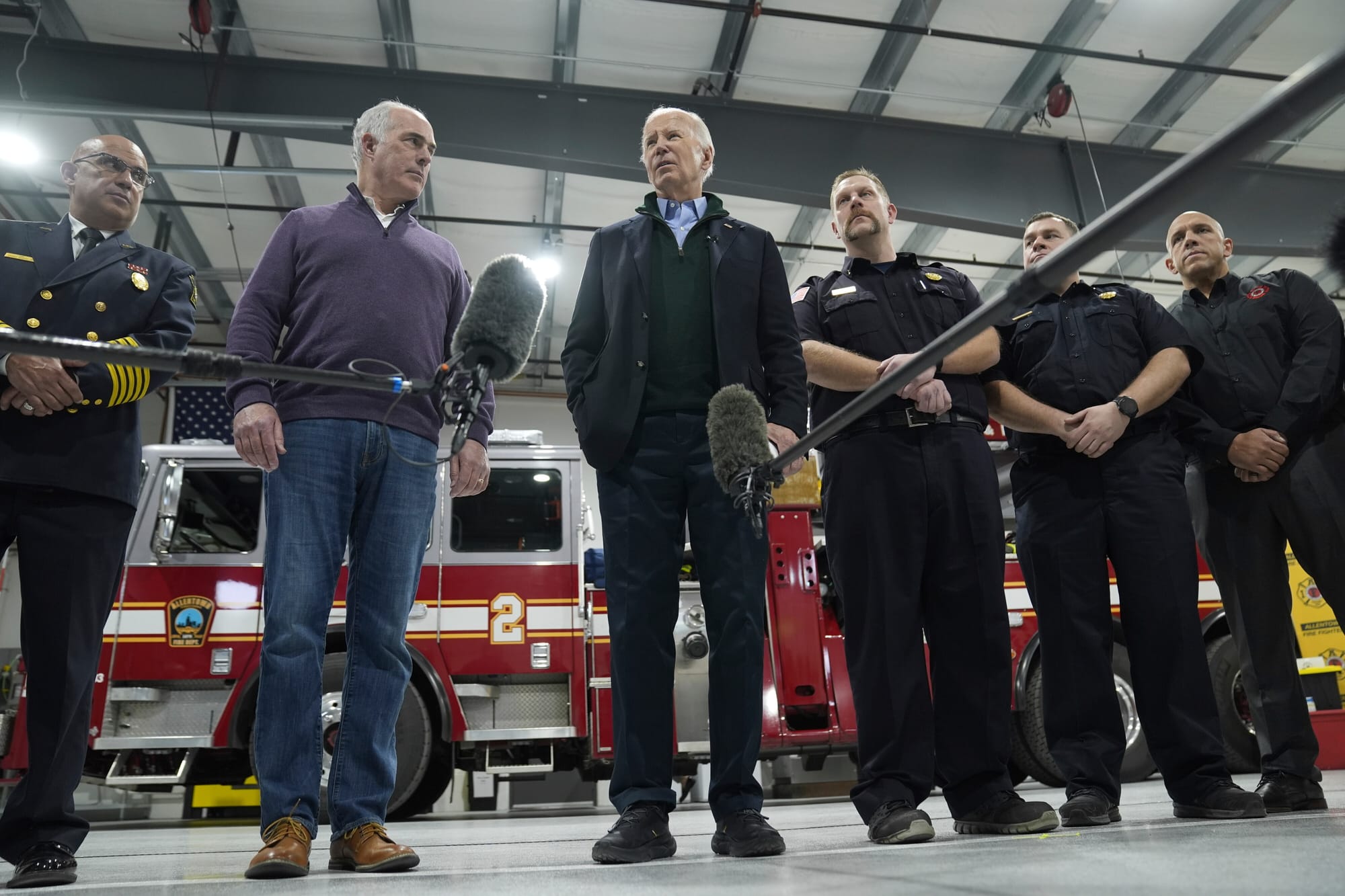 President Joe Biden speaks while visiting firefighters at the Allentown Fire Training Academy, Friday, Jan. 12, 2024, in Alle