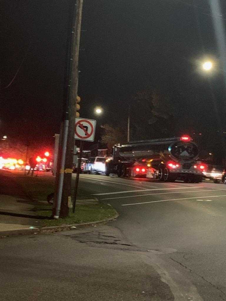 A tanker truck sits in the vicinity of West Union Boulevard and Paul Avenue in Bethlehem after a crash and fuel spill early T