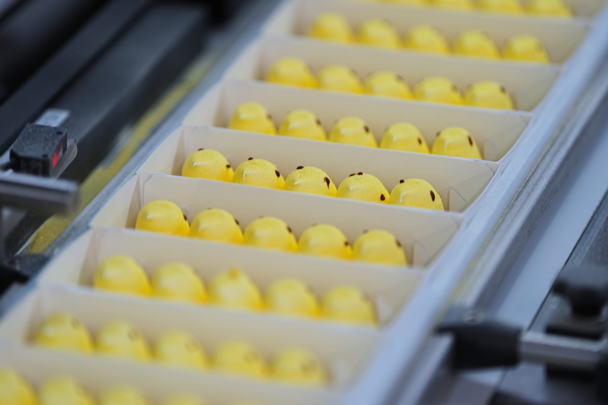Peeps marshmallow treats move through the manufacturing process at the Just Born factory in Bethlehem, Pa., Thursday, April 1
