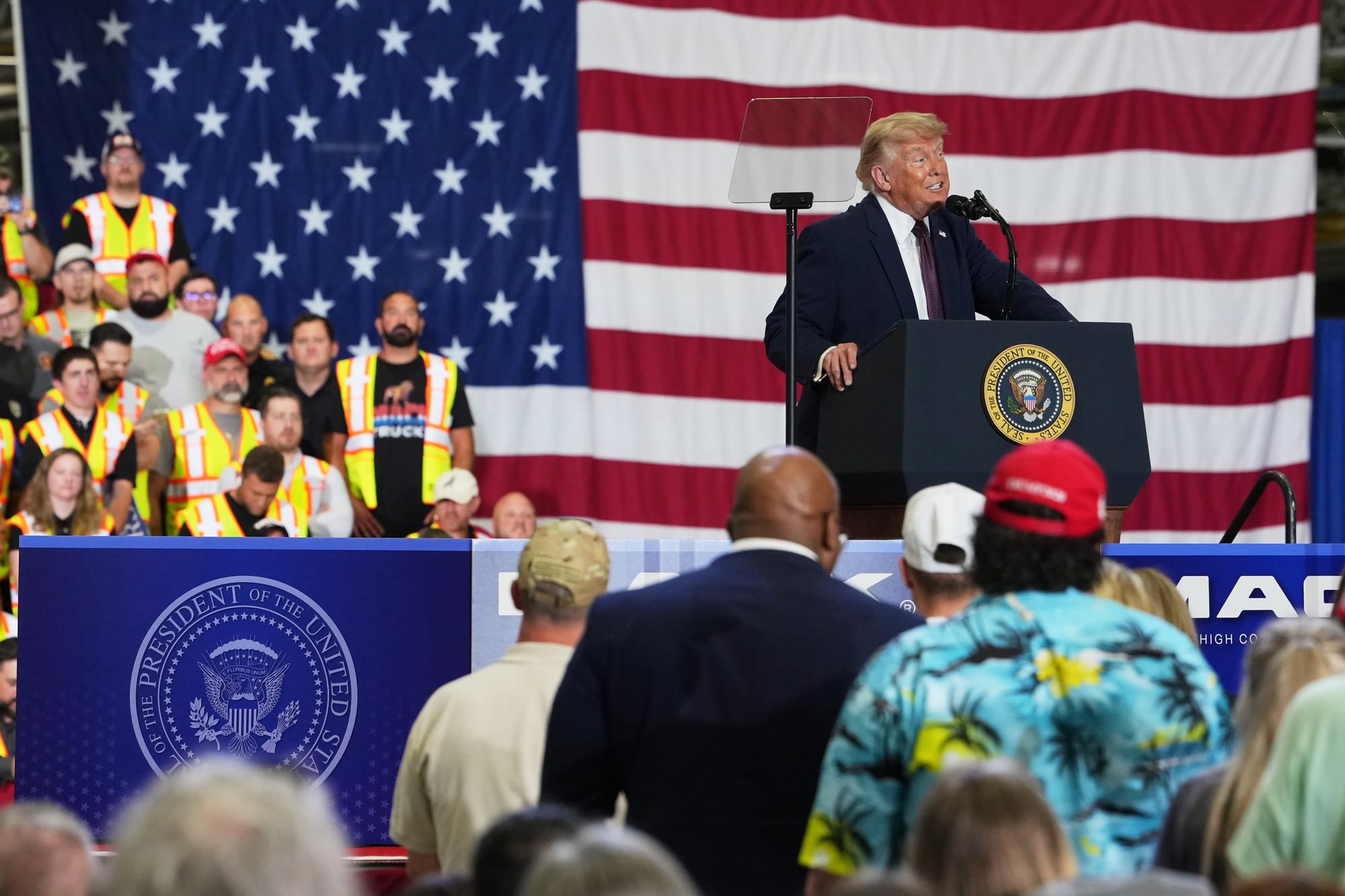 President Donald Trump speaks at a Mack Trucks facility, Tuesday, June 23, 2026, in Macungie, Pa.