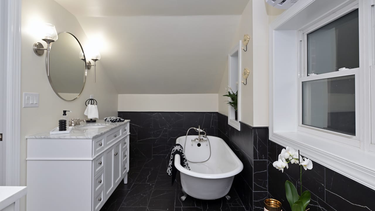 The upstairs bathroom in the West Bethlehem home renovated by Wandra Cain.