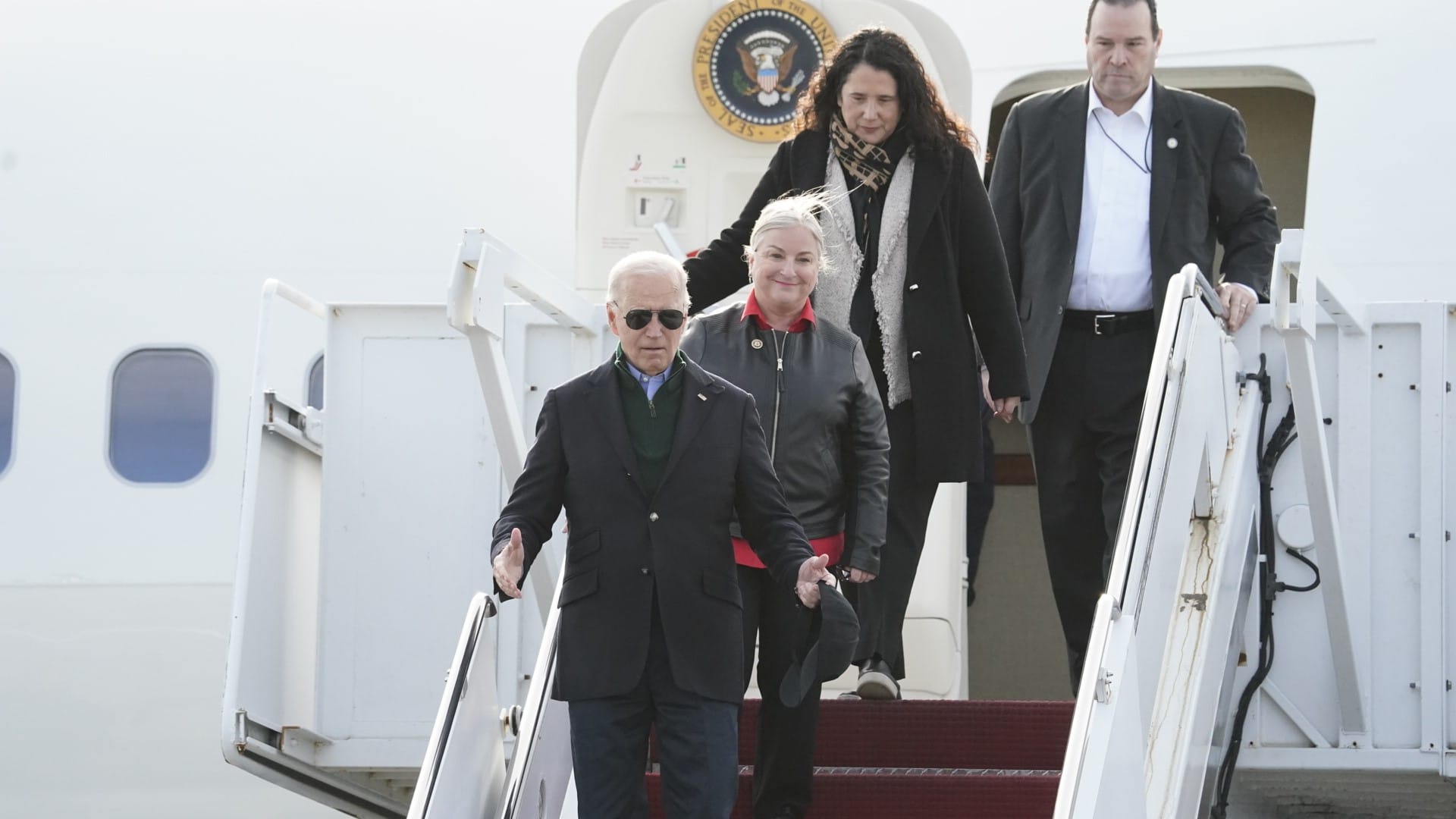 President Joe Biden disembarks Air Force One on Jan. 12, 2024 at Lehigh Valley International Airport
