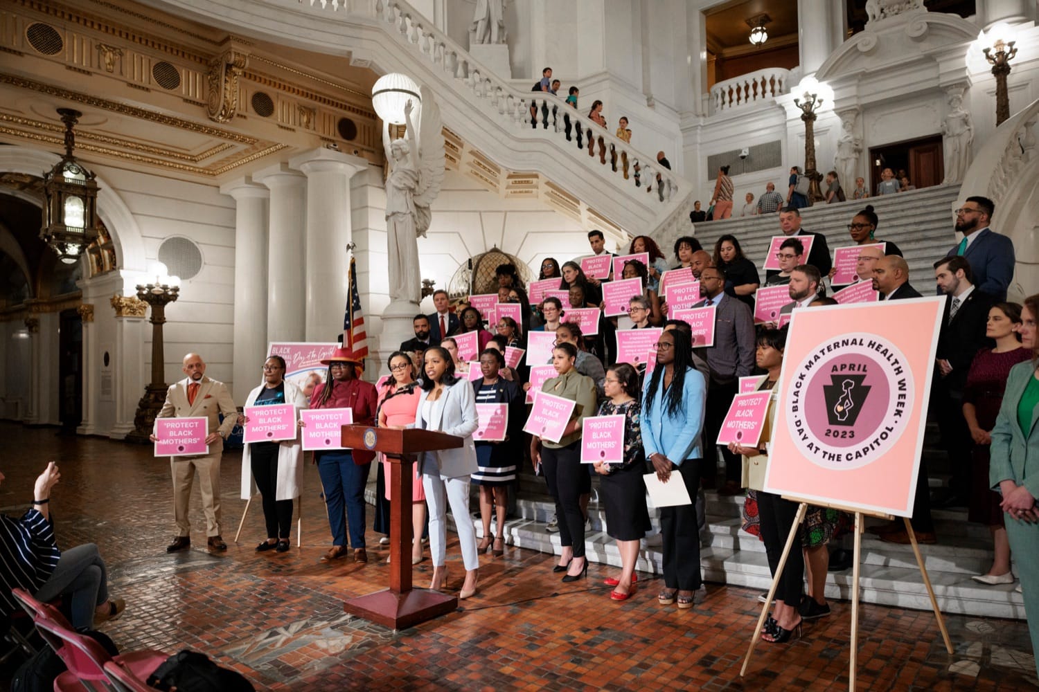 Pennsylvania Second Lady Blayre Holmes Davis speaks during a news conference, which was organized by the Pennsylvania Legisla
