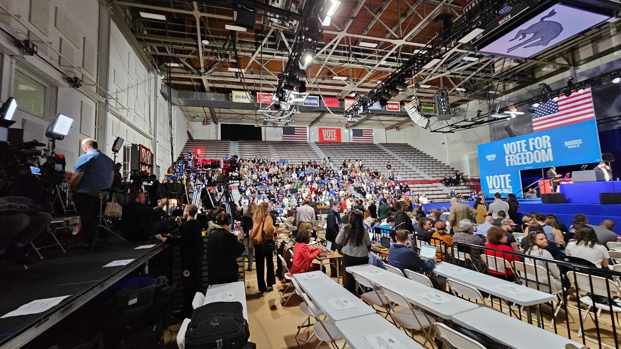 Supporters of Kamala Harris file into Memorial Hall on the Muhlenberg College campus for a rally on Monday, Nov. 4, 2024.