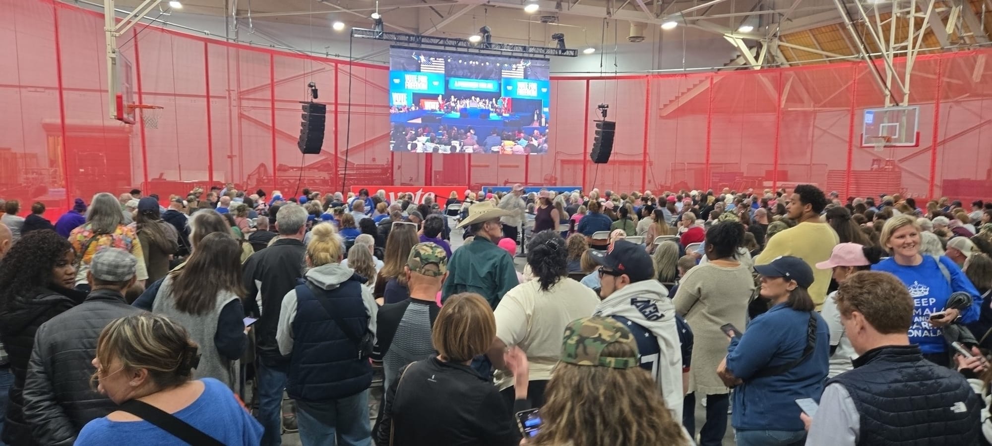 Kamala Harris supporters in an overflow area before her rally on the campus of Muhlenberg College in Allentown, Pa. on Monday