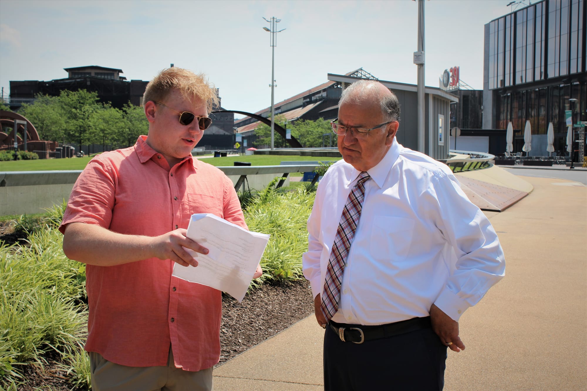 Bradbury Sullivan Communications Coordinator Braden Hudak working on lines with City of Easton Mayor Sal Panto