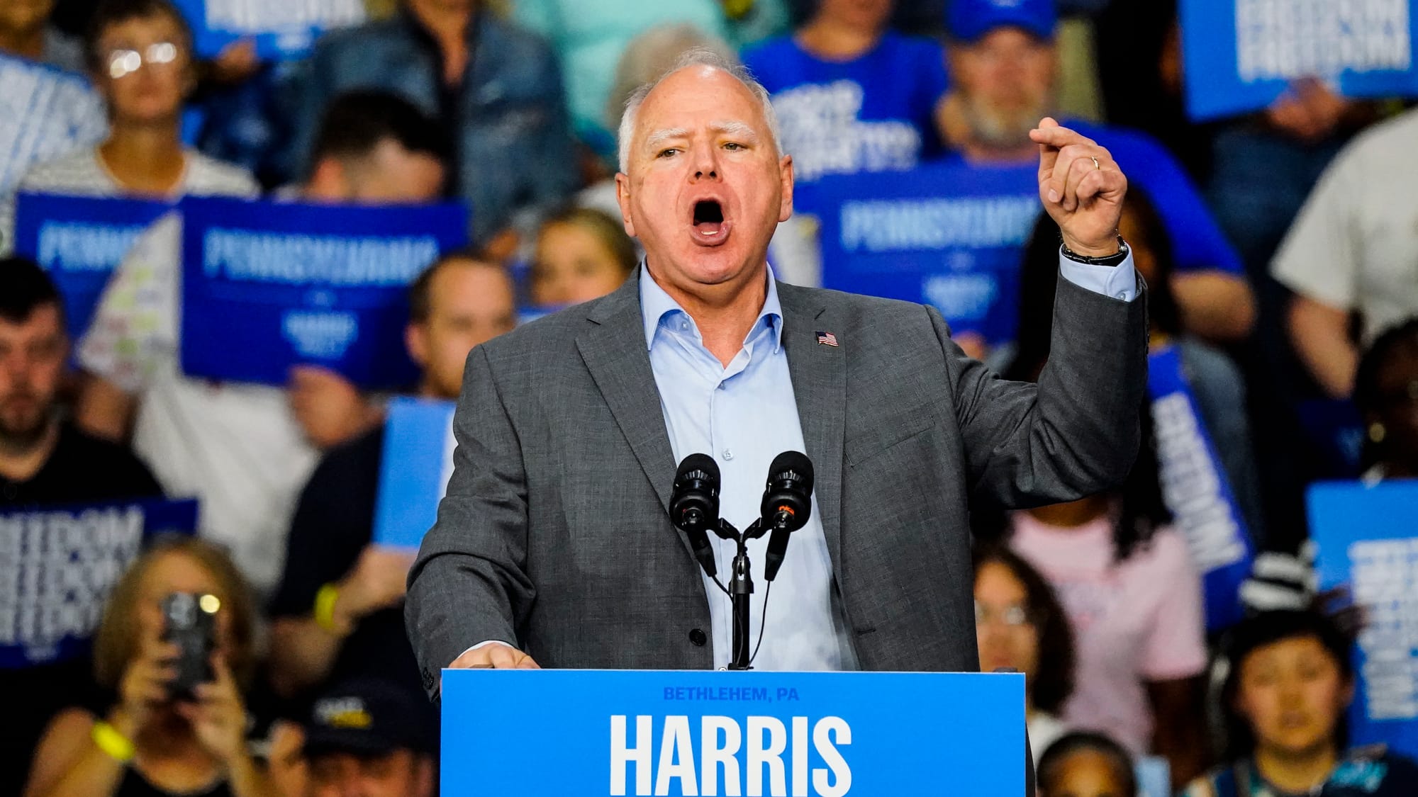 Minnesota Gov. Tim Walz campaigns at Freedom High School in Bethlehem, Pa. on Saturday, September 21, 2024. He is the vice pr