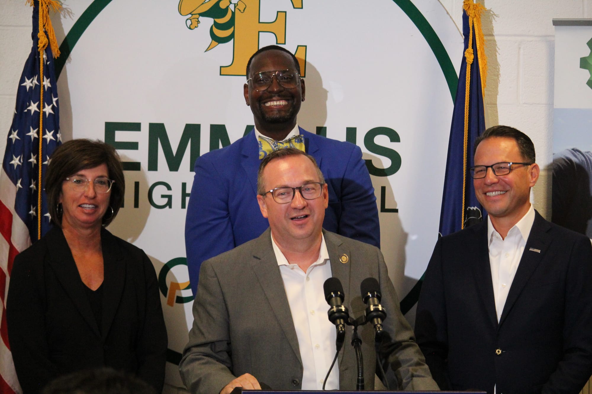 Rep Pete. Schweyer delivering remarks with Gov. Josh Shapiro (right), East Penn Superintendent Kristen Campbell (right), and 
