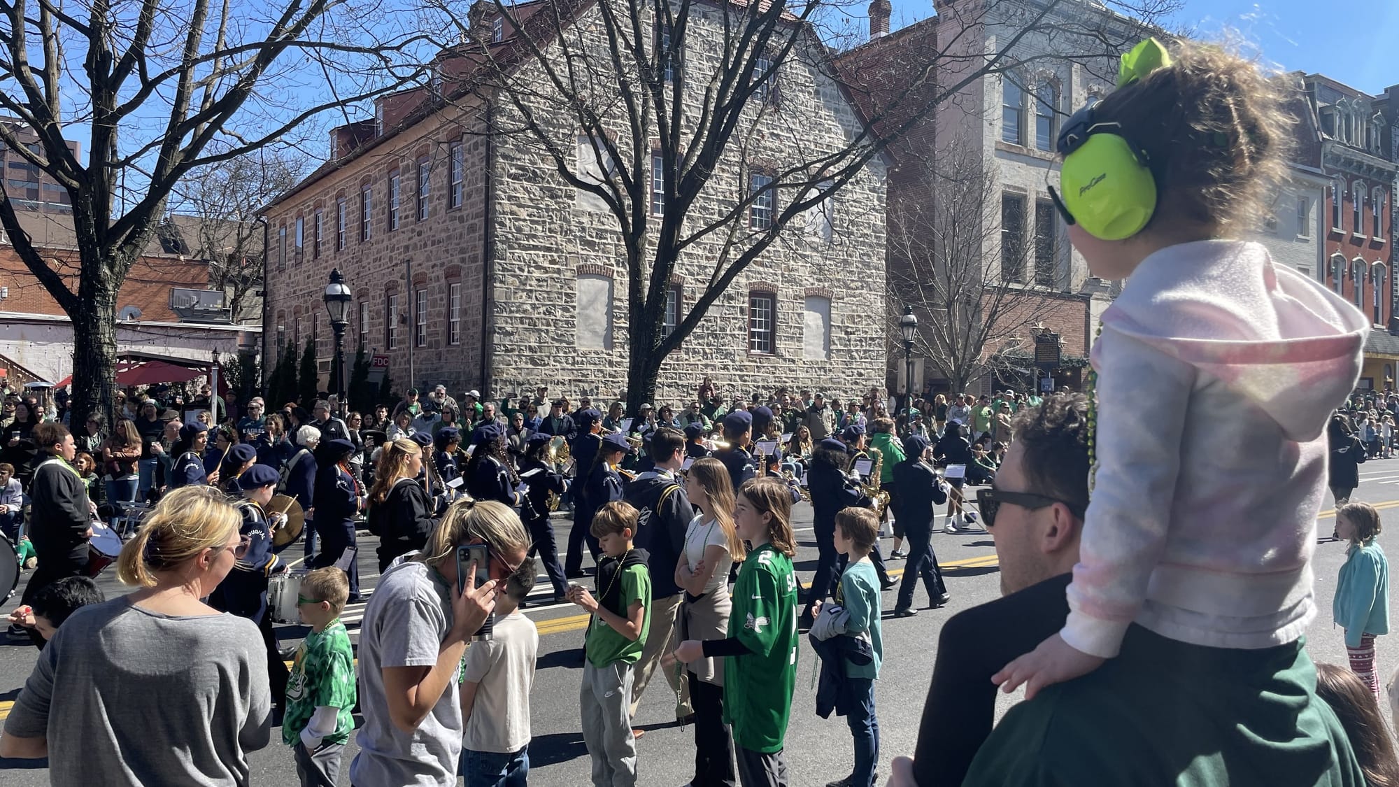 The Broughal Middle School Rocket Marching Band performs March 16, 2024, heading south on Main Street in Bethlehem.