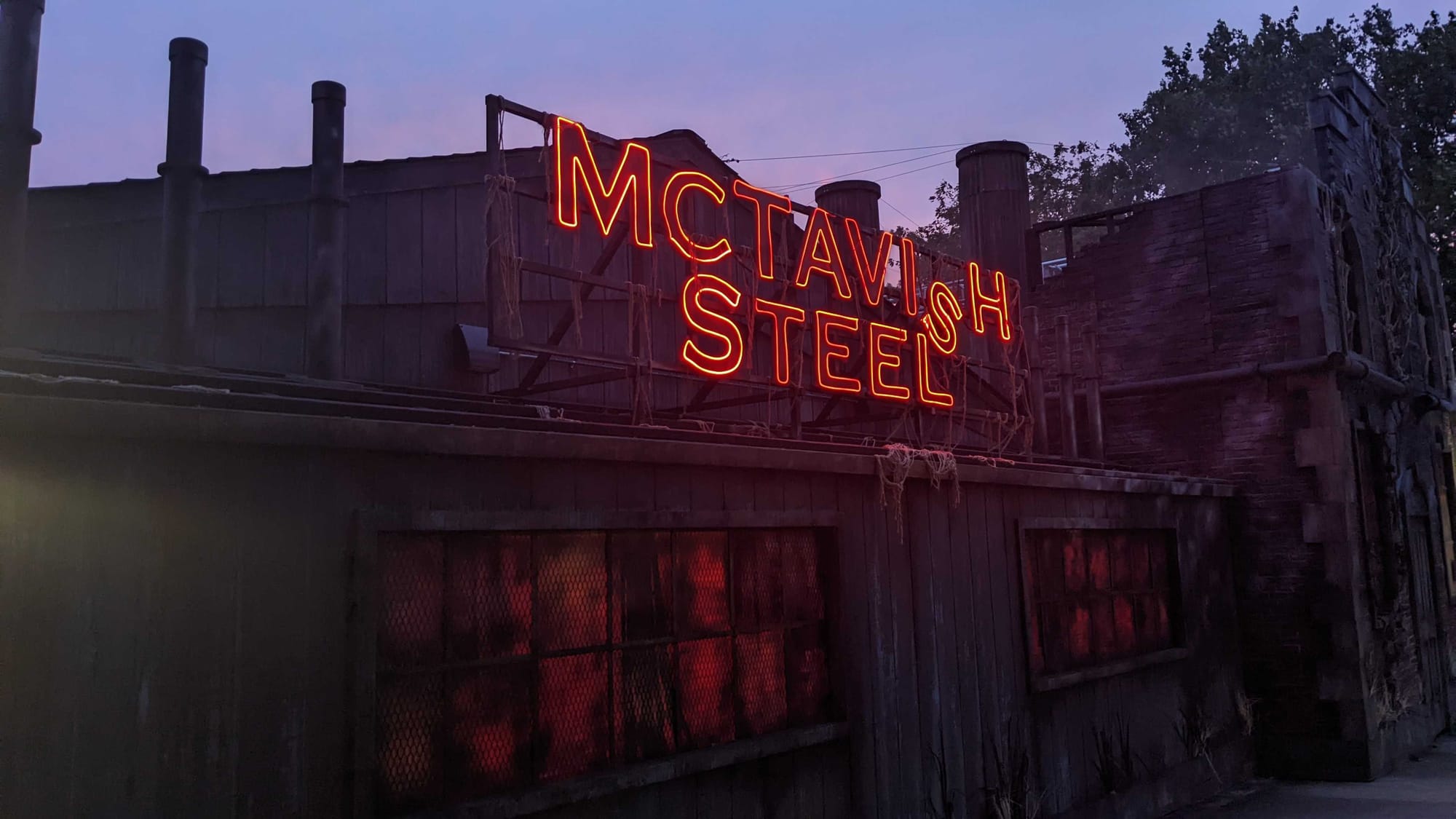 The sign at the fictional abandoned steel mill.