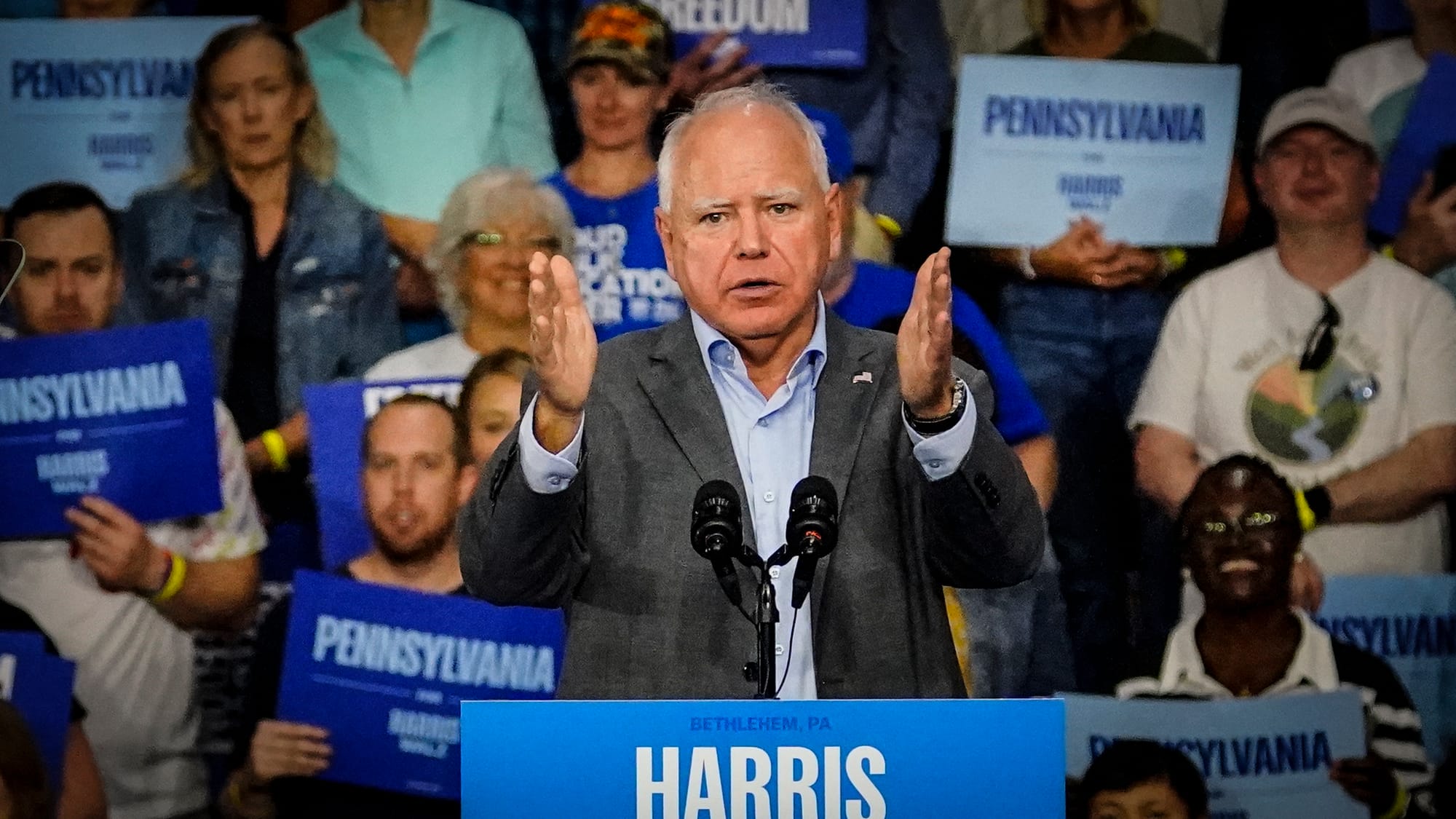 Minnesota Gov. Tim Walz campaigns at Freedom High School in Bethlehem, Pa. on Saturday, September 21, 2024. He is the vice pr