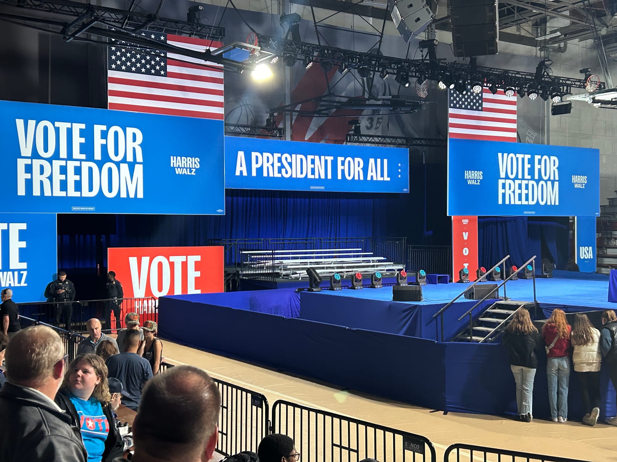 A first glance inside Muhlenberg College's Memorial Hall, where Democratic nominee Kamala Harris is slated to speak later Mon