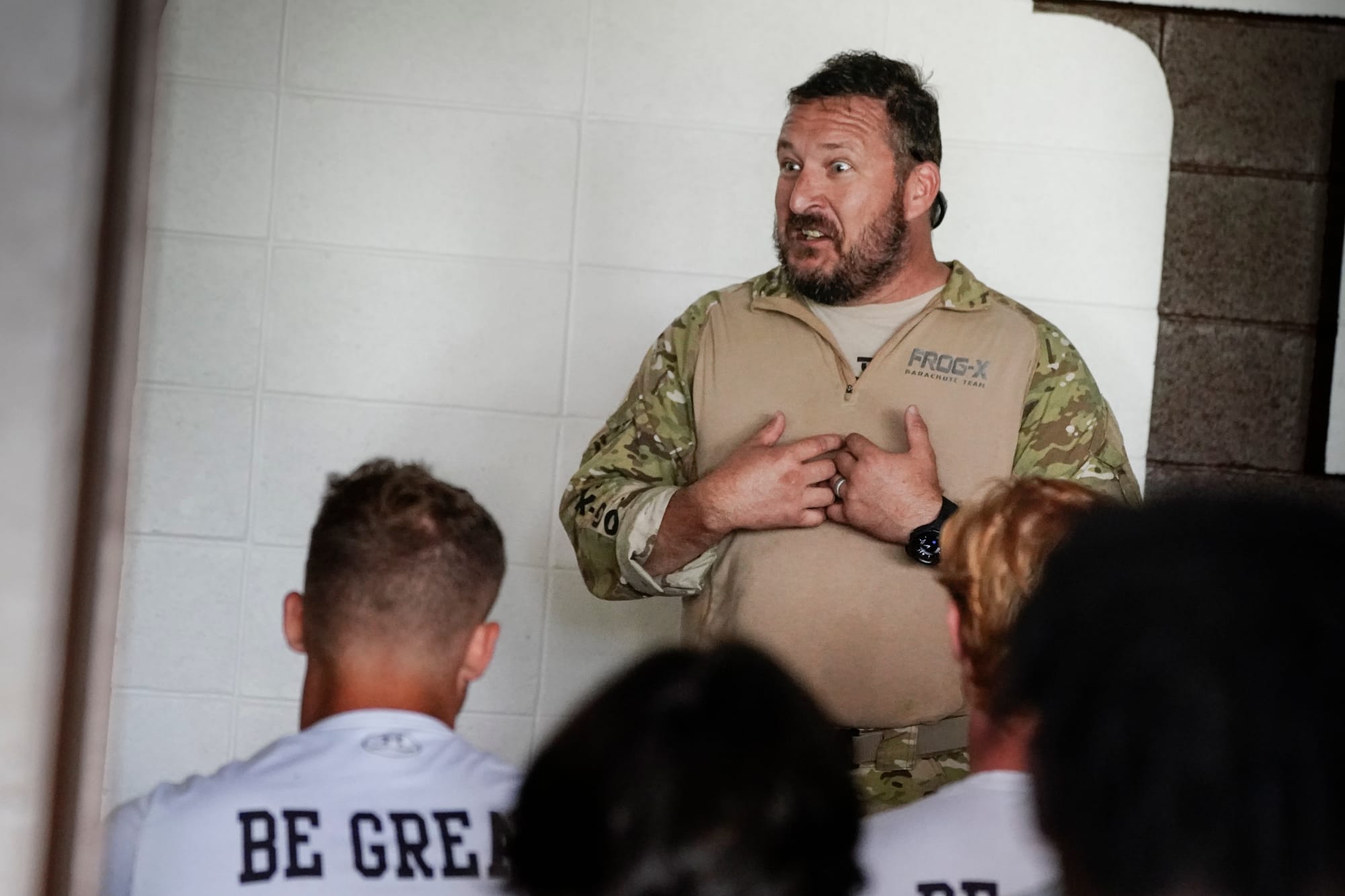 Shawn Tufts speaks to Lehigh football players. U.S. Special Forces members including U.S. Navy SEALs skydive from 4,000' onto