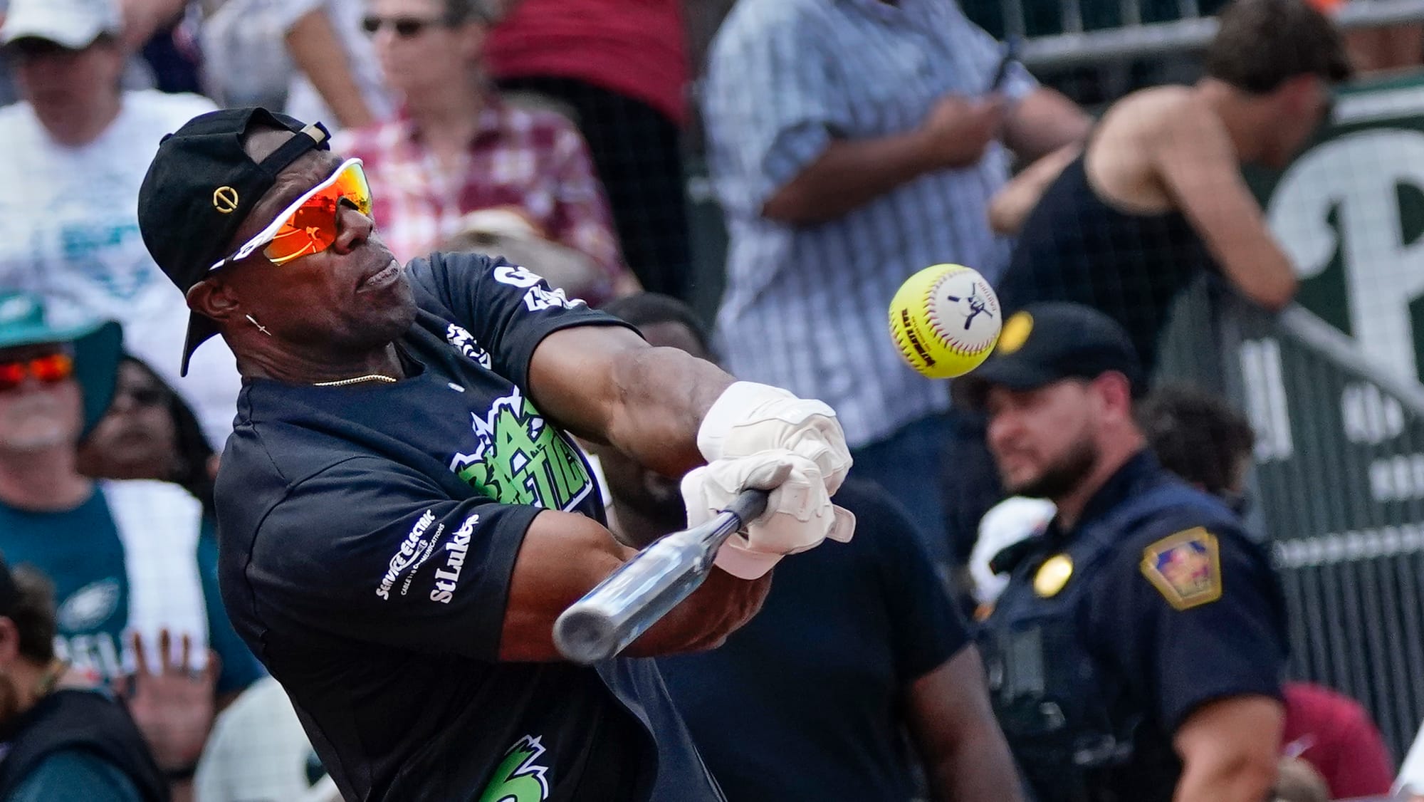 Terrell Owens warms up for the home run derby. The 2nd annual DeVonta Smith Celebrity Softball Game was held at Coca-Cola Par