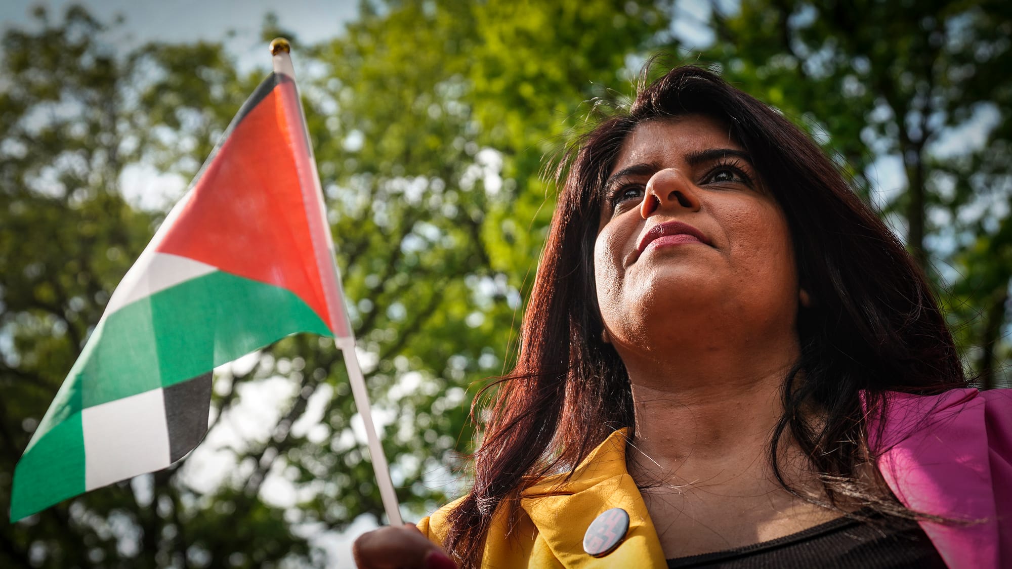 Taiba Sultana, member of Easton City Council, listens to speakers. Student Political Action Coalition and Lehigh 4 Palestine 